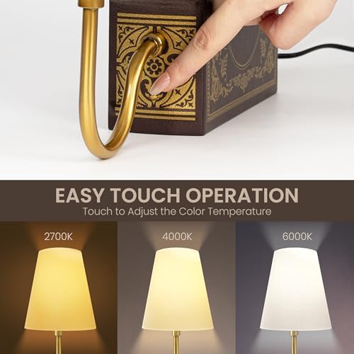 AELS Vintage Bookshelf Lamp with Bulb, 3-Color Touch Control Dimmable Table Lamp with Linen Shade, Modern Bookend Lamp for Bedroom, Office & Bookshelf Decor, Tree of Life Brown & Gold - Image 3