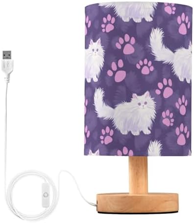 Lovely Angora Cat and Purple Pink Paw Prints Purple Bedside Table Lamps with USB Port for Bedroom Lamp Accent Table Lamp Small Nightstand Lamp Linen Shade Decorative Lamps for Kids|Reading|Dome|Home by Fustylead