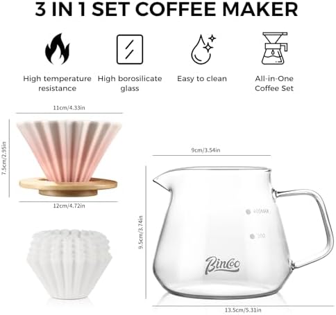Bincoo 500ML Pour Over Coffee Maker Set with Filter Paper,Ceramic Coffee Dripper with Wood Stand Set for 1-2 Cups-Professional Brewing Tools for Pour Over & Drip for Home Office (Pink) - Image 5