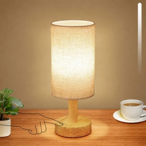 Rechargeable Cordless Touch Table Lamp with Stepless Dimming,Natural Wood Base&Linen Shade,Small Battery Wireless Ambient Night Light for Bedroom,Bedside,Nightstand,Nursery,Kitchen,Camping,Outdoor by UCHENTON