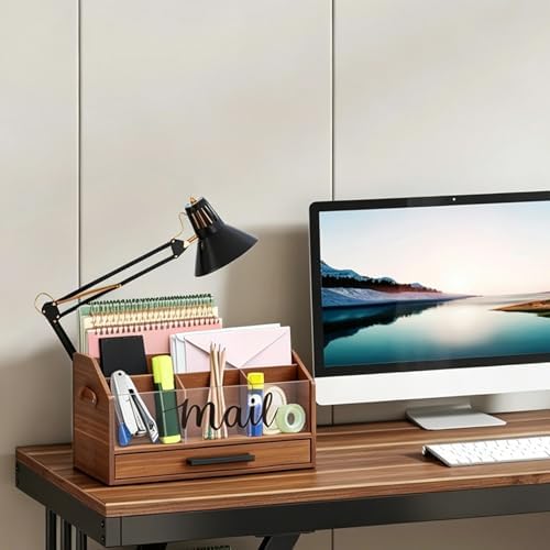 Wood Desk Organizer with Drawer, Bill Mail Organizer Countertop Workspace Organizers for Office Supplies Desk Organization Letter Holder - Image 7