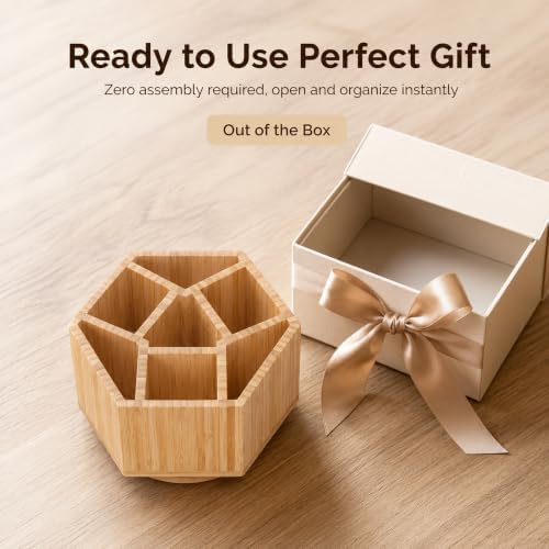 360° Rotating Bamboo Desk Organizer, Hexagonal - Image 6