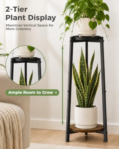 Bamworld Tall Plant Stand 30 Inch 2 Tier Metal Plant Stand with Wood Shelf - Image 6