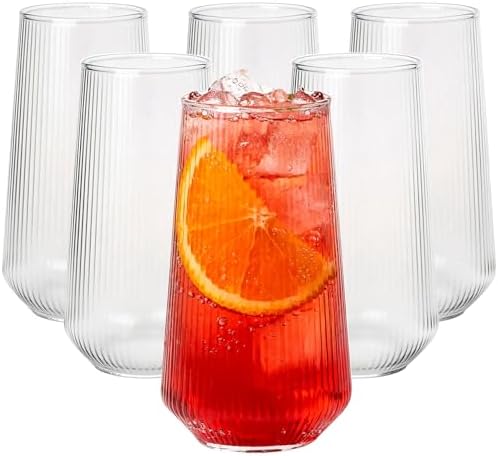 Greentainer Borosilicate Drinking Glasses Set of 6, 16 oz Clear Ribbed Highball Tumblers, Tall Glass Water Cups for Cocktail, Mojito & Long Drink, Dishwasher Safe Kitchen Drinkware & Bar Glassware by Greentainer