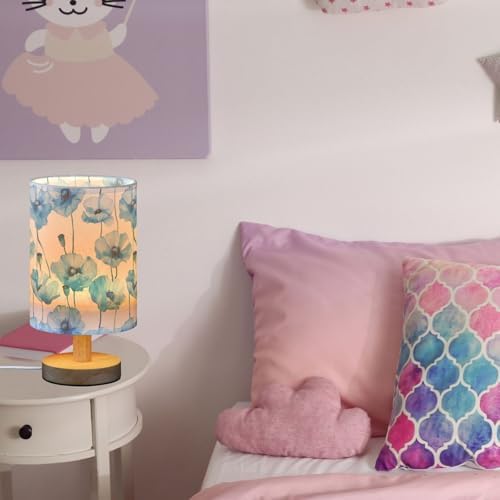 Watercolor Light Blue Poppy Flowers Bedside Table Lamps with USB Port for Bedroom Lamp Accent Table Lamp Small Nightstand Lamp Sturdy Linen Shade Wooden Decorative Lamps for Office Dorm Home - Image 5