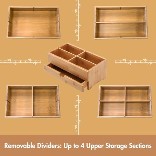GOBAM Bamboo Makeup Organizer and Storage with Drawer, Wooden Cosmetic Organizer Countertop for Bathroom, Bedroom, Kitchen & Dresser, Desk Organizer with Drawers and Make up Vanity Station - Medium - Image 3