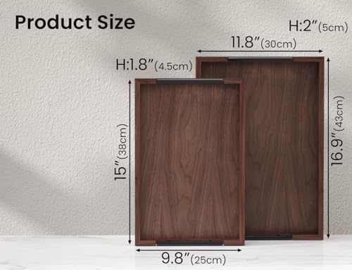 Fibogollo Set of 2 Walnut Wood Serving Trays with Metal Handles - Image 2