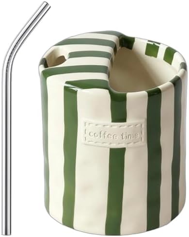 Ceramic Coffee Mugs 10 oz Retro Striped Coffee Mug No Handle with Straw by Meyerascal