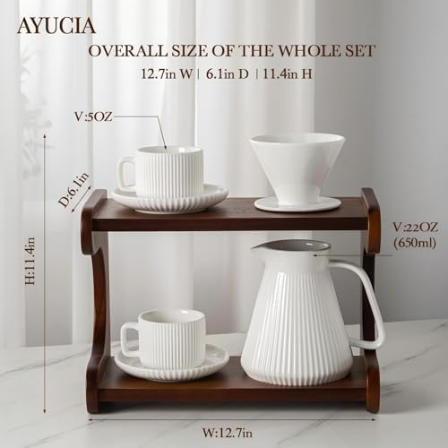 Pour Over Coffee Maker Set, 22OZ Ceramic Pour Over Coffee Dripper with Acacia Wood Stand and 5OZ Cups and Saucers Set of 2, Size 02 - Image 7