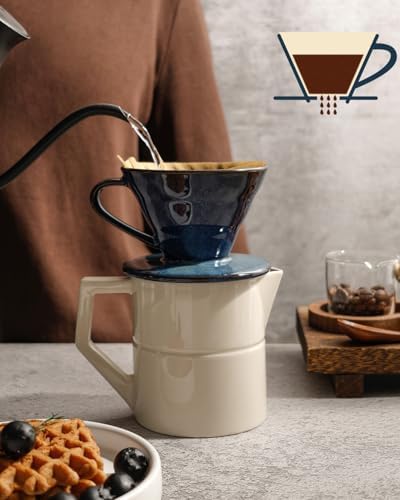 Pour Over Coffee Maker, Single Cup Ceramic Coffee Dripper, Reusable Filter Cone Drip Holder Slow Brewer with Hole Flat Bottom for Home, Office, Travel, Camping (Blue) - Image 3