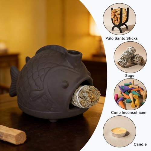 Black Fish-Shaped Palo Santo Holder, Decorative Sage Burner with Chimney - Image 6