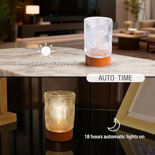 Battery Operated Night Light with Timer, Aesthetic Cordless Battery Powered Decorative Glass Lamp,Small Cozy Nightlight for Dorm,Mini Lamps for Nightstand,Bathroom,Bedroom,Warm (Fan-shaped pattern) - Image 3