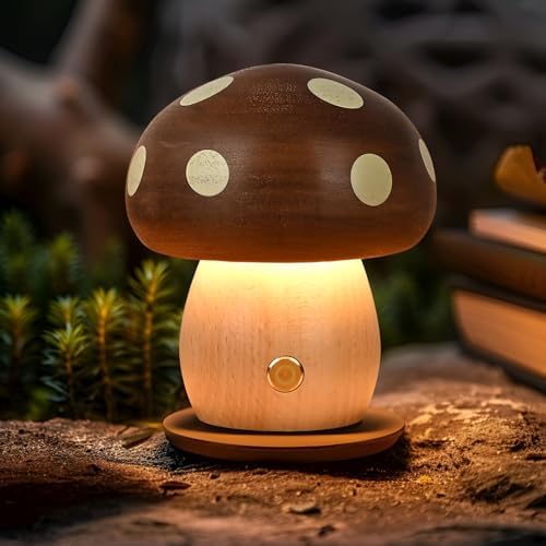 LONRISWAY Cordless Wood Mushroom Lamp, Small Battery Operated Wooden Table Lamp Portable Night Light, Stepless Dimmable Touch Control Warm LED Light for Bedroom, Nursery, Patio Decor by LONRISWAY