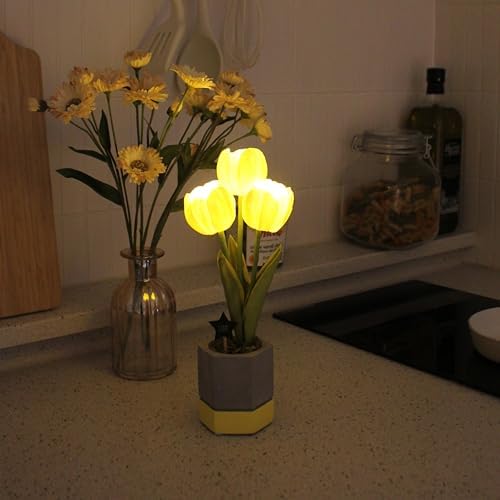 Cordless Flower Table Lamp, LED Battery Operated Portable Light, 2 AA Batteries Included, Bedroom Livingroom Home Decor Night Light, Korean Designer Floral Lamp, Yellow - Image 2