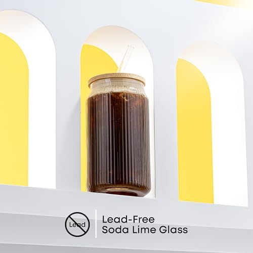 JoyJolt Fluted Glass Tumblers with Bamboo Lids and Glass Straws, Ribbed Can Shaped Drinking Glasses Set of 4, 16oz Cup with Lids and Straws, Iced Coffee Cups, Cocktail/Beer Glasses, Tea Cups - Image 6