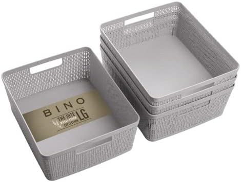 BINO | Woven Plastic Basket | Small (Natural Grey), 4-Pack | THE JUTE COLLECTION | Home Organization, Space - Saving Storage, Stylish Design | Jute Basket | Plastic Storage Basket by BINO