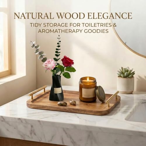 Bathroom Tray for Countertop Organizer,Vanity Tray with Gold Handle, Acacia Wood Tray for Bathroom Decor,Toilet Tank Tray, Multipurpose Organizer Rack for Lavatory, Bathroom, and Kitchen 13.98"X 9.45" - Image 2