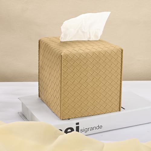 HOMOTEK 1 Pack Tissue Box Cover, Square PU Leather Tissue Holder, Decorative Facial Tissue Cube Paper Organizer Dispenser for Bathroom, Night Stands, Desk, Car 5X5X5'' - Woven Waffle,Camel by HOMOTEK