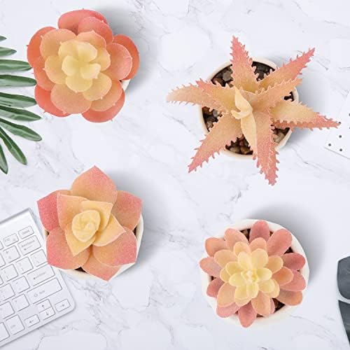 VIVERIE Mini Orange Artificial Succulent in Pots (White Ceramic, 4 Pot Set) Fake Plants for Indoors, Office Home Halloween/Christmas Decor Gifts-Faux Plant Gifts for Women - Image 3