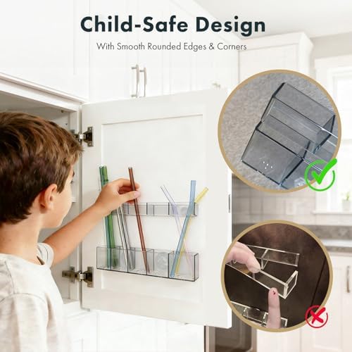 Acrylic Straw Holder for Cabinet Door - Child-Safe Organizer & Dispenser with Smooth Rounded Edges for Kitchen Accessories Storage, Adhesive Circles Included (Dark Transparent) - Image 3