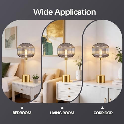 QiMH Glass Table Lamp for Living Room, Modern Bedside Lamp with Grey Ribbed Glass Shade, 3-Way Dimmable Touch Control Nightstand Lamp for Bedroom, Brushed Gold (2700K LED Bulb Included) - Image 6