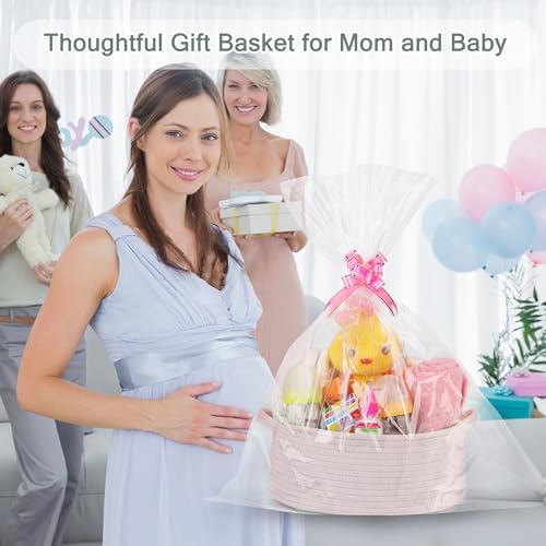 COMSE Empty Small Gift Basket with Bag & Ribbons, Light pink - Image 3