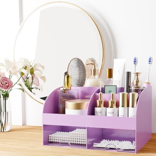 Makeup Organizer with Drawers, Cosmetic Storage for Dresser Vanity and Bathroom Countertop, Beauty Holder for Lipstick Brush, Skincare Organizer for Vanity, Cosmetic Display Case (Purple) - Image 3