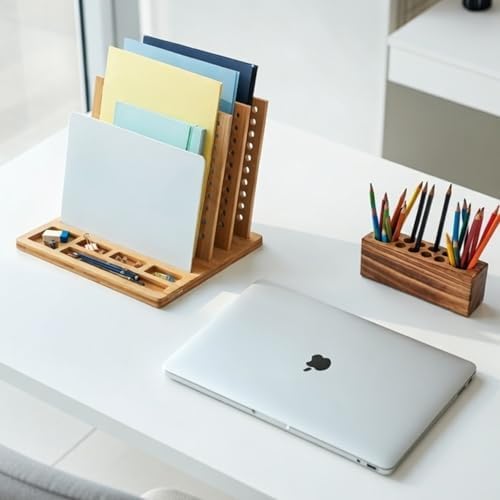 Bamboo Desk Organizer Set – 3-Tier File Holder with Magnetic Board + Solid Wood Pen Holder Cup | Stylish Office Desk Organization System - Image 3