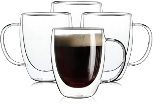 Aurzen 4 Pack Double Walled Glass Coffee Mugs with Handles, Large Insulated Layer Coffee Cups, Clear Borosilicate Mugs, Perfect for Cappuccino, Tea, Microwave Safe by Aurzen