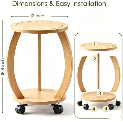 2 Tier Wooden Plant Stand Indoor with Wheels – Tall Plant Stand for 6-13 Inch Pots, Mid-Century Modern Rustic Plant Table Indoor, Pedestal Stand for Corner, Living Room, Balcony, Original Wood - Image 4