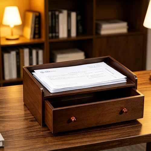 Solid Wood Desk Organizer with Drawer and Adjustable A4 Tray - Image 7