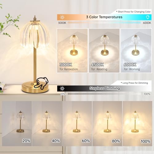 Shenmoyl Tulip Table Lamp with 5000mAh Battery & Touch Control, Cordless Table Lamp with 3 Colors, Dimmable Rechargeable Table Lamps for Bedroom, Nightstand, Living Room, Entryways (Transparent Tulip) - Image 3