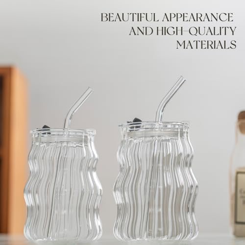 KEMORELA Ribbed Glass Cups with Lids and Straws，18oz Cute Iced Coffee Cups - Image 5