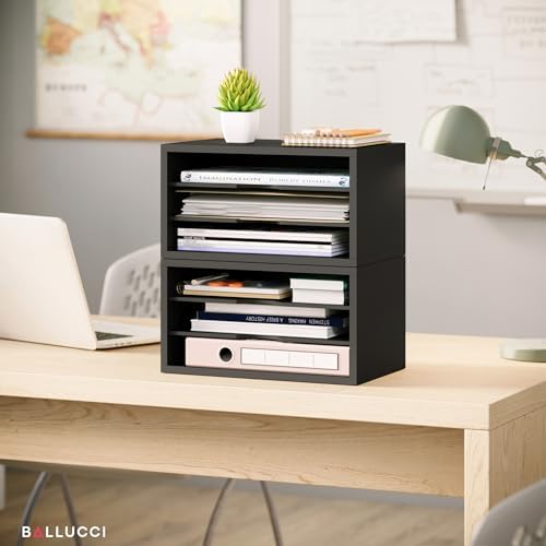 Ballucci File Organizer, 3-Tier Document Paper Sorter, Stackable Wood Desk Organizer, Mail Sorter and Monitor Stand with Storage Shelves, Black - Image 6