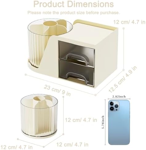 SAYEEC Rotating Desk Organizer with 2 Drawer, 6 Slots Multi-Functional Pencil Pen Holder, Desktop Makeup Organizer Stationery Accessories Storage Box Caddy for Office School Home Art Supplies (Beige) - Image 2