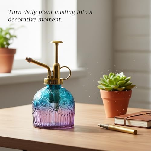 Vintage Embossed Glass Spray Bottle with Metal Pump, 10.6 oz Refillable Mister for Indoor Plants & Home Decor - Image 3