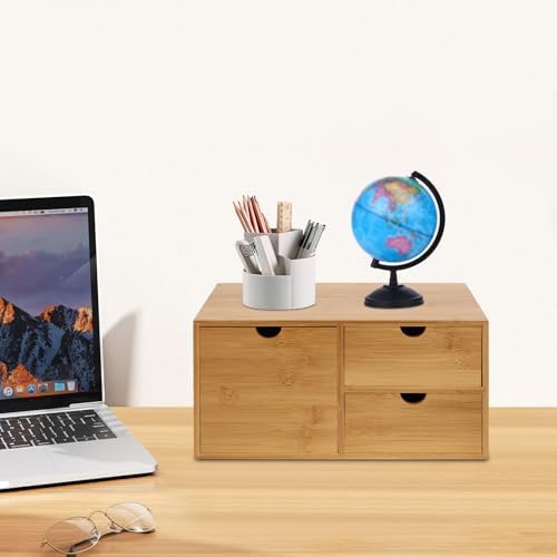 Small Desk Drawer Organizer, Bamboo Mini Desktop Drawer, Wood Tabletop Storage Organizer Box for Office Home Dormitory Toiletries Cosmetics Supplies, No Assembly Required (3 Drawers) - Image 2