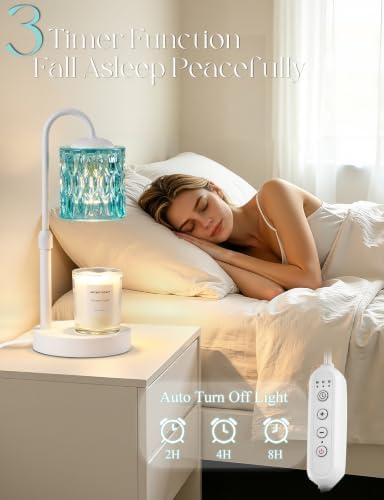 Briever Dimmable Candle Warmer Lamp with Timer, Height Adjustable Electric Candle Wax Warmer, Birthday Gifts for Women Mom, House Warming Gifts New Home Decor, Solid Wood Base, White Blue Glass - Image 2