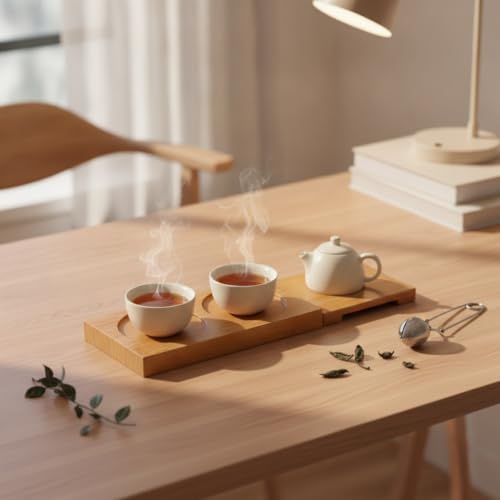 Solid Wood Tea Serving Tray with Raised Edges - Compact Desktop Organizer for Coffee Mugs & Cups, Natural Brown Finish - Image 2
