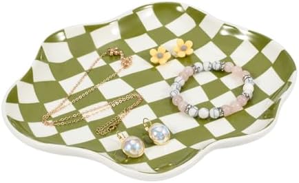 Koythin Green Plaid Ceramic Jewelry Tray, Vanity Ring Earring Trinket Dish by Koythin