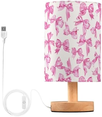 Fustylead Cute Pink Ribbon Bows Table Lamp for Bedroom USB Port Lamps Small Accent Table Lamp Nightstand Lamp Sturdy Linen Shade Wooden Base Decorative Lamps for Bedside Reading|Kids|Dorm|Home by Fustylead