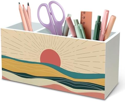 DILSJ Boho Abstract Sunshine Pen Pencil Holder Organizer for Desk, Boho Office Decor, Mid Century Modern Minimalist Sunshine Landscape Wooden Box Signs for Home Office Desk Tabletop Decoration by DILSJ