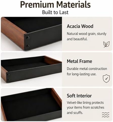 Geelin 2 Pack Desk Drawer Organizer, Valet Tray for Men, Nightstand Tray Acacia Wooden and Metal Entryway Bedside Dump Holder Accessories for Wallets, Keys, Watches, Phones, Loose Change, Trinkets - Image 3