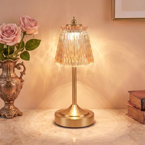 Cordless Table Lamp, Rechargeable Gold Faceted Glass Touch Lamp by NELICOND