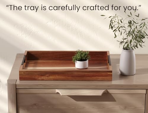 Fibogollo Acacia Wood Serving Tray with Metal Handles,17x12in Ottoman Decorative Trays Platter for Coffee Table,Living Room,Bar,Party(Large) - Image 5