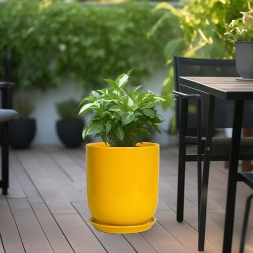 Ceramic Pot for Plants - 10 Inch Plant Pot Indoor with Drainage Hole and Saucer Large Planter for Outdoor Plants Cylinder Decorative Flower Pot Yellow - Image 5