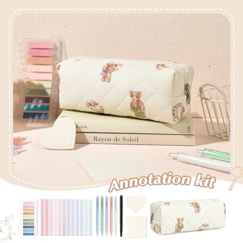 Aileam 22Pcs Book Annotation Kit Aesthetic Pencil Case with Supplies School Annotation Supplies Gel Pen Transparent Sticky Note Taking Bible Study College Stationery Supplie (Bear Cub Print) - Image 4