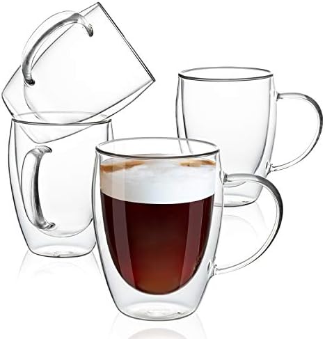 MEWAY 12oz/4 pack Coffee Mugs,Clear Glass Double Wall Cup with handle for Coffee, Tea, Latte, Cappuccino (12 oz，4) by MEWAY