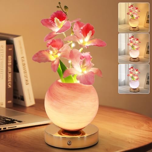 Flower Table Lamp, 3 Colors Orchid Night Light, Cordless Touch Dimming Artificial Flower with Vase Lamp, LED Bedside Night Light Romantic Gifts for Girl Women Mom (Pink Orchid) by Strackvial