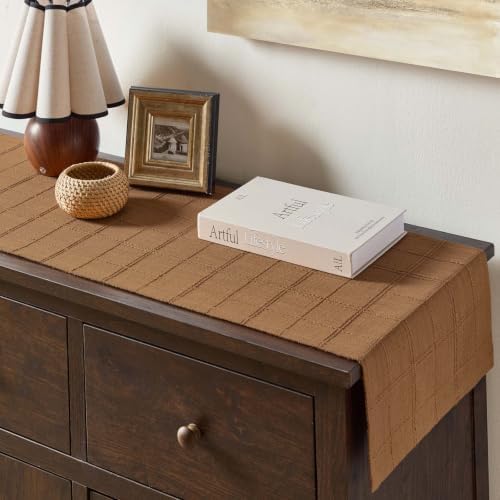 ZeeMart Linen Checked Farmhouse Table Runner, 13x108 Inches Caramel - Image 6